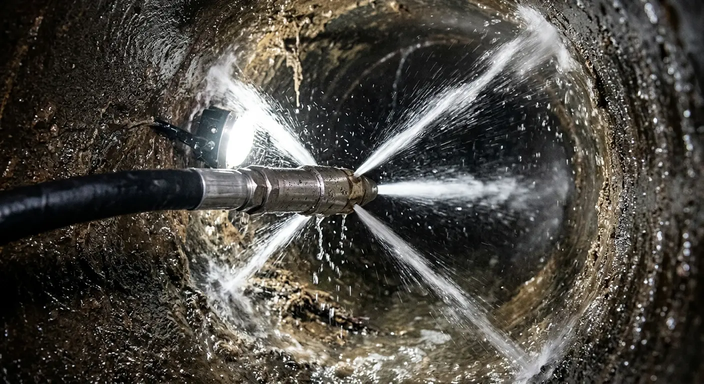 High-pressure hydro jetting nozzle cleaning sewer pipe for Trenchless Sewer Repair in Deerfield Beach