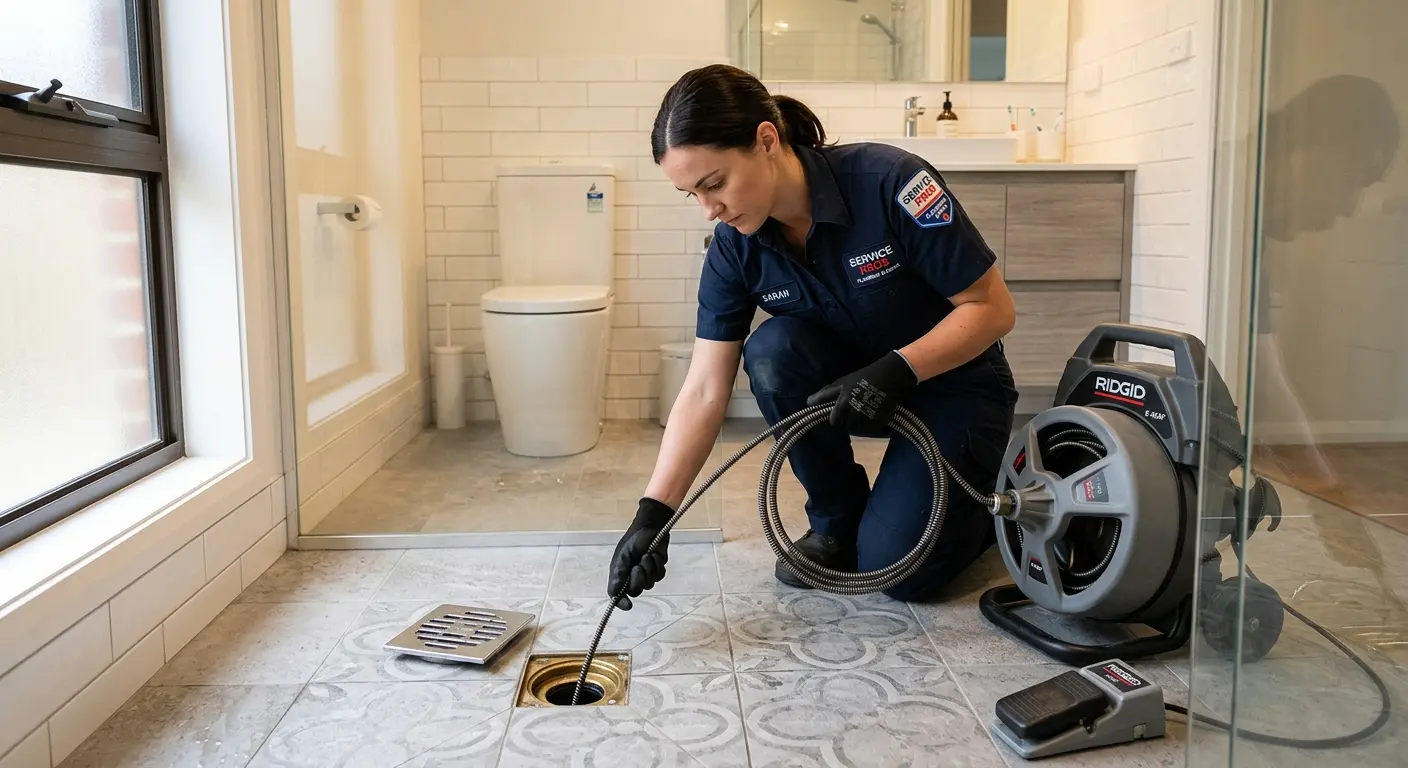 Technician clearing a bathroom floor drain for Sewer Line Replacement in Deerfield Beach